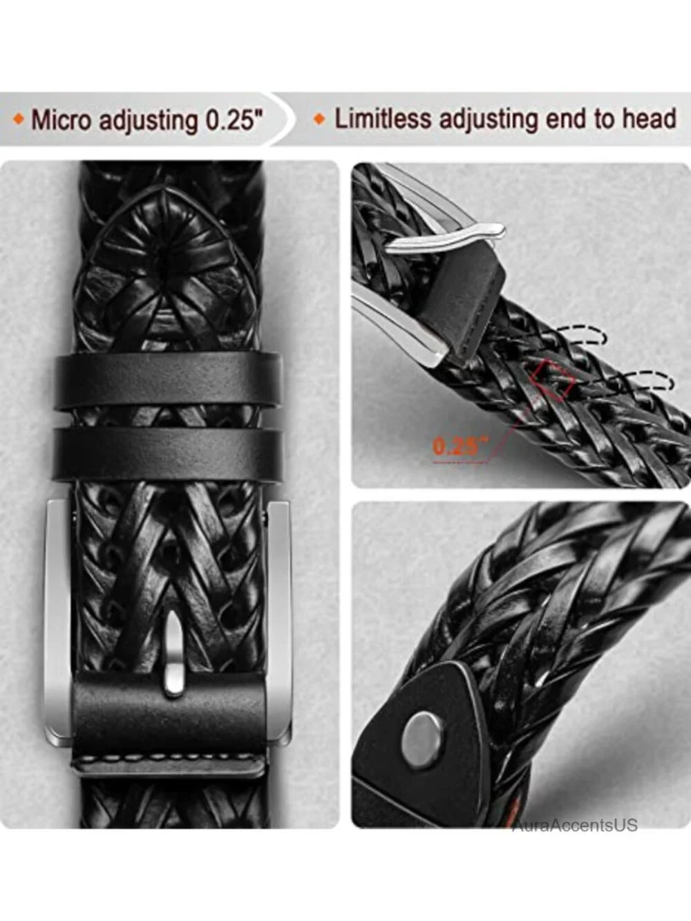 Men's Leather Woven Braided Belt - Holeless Adjustable, Lightweight, Gift Boxed